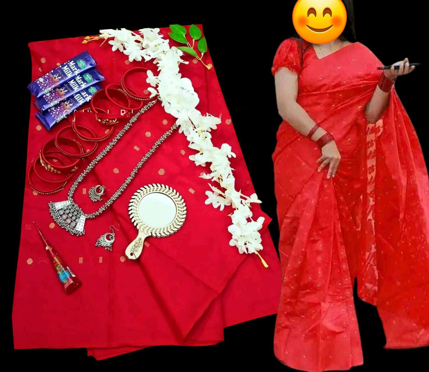 Jamdani Saree combo set red